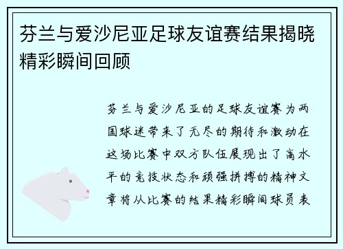 芬兰与爱沙尼亚足球友谊赛结果揭晓精彩瞬间回顾