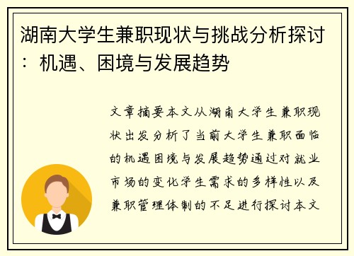 湖南大学生兼职现状与挑战分析探讨：机遇、困境与发展趋势
