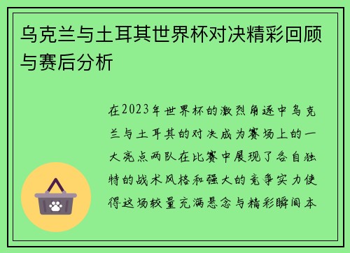 乌克兰与土耳其世界杯对决精彩回顾与赛后分析