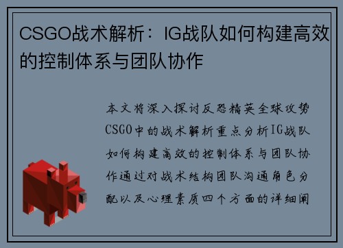 CSGO战术解析：IG战队如何构建高效的控制体系与团队协作