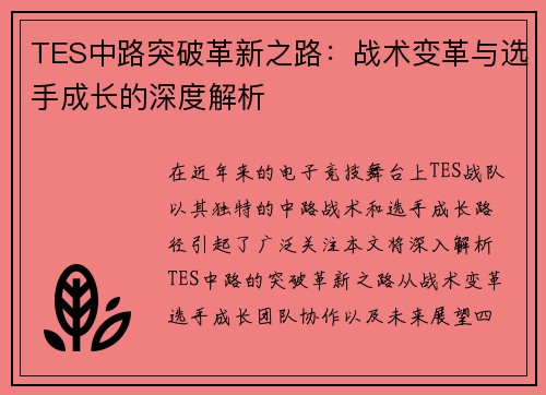 TES中路突破革新之路：战术变革与选手成长的深度解析