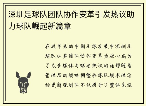 深圳足球队团队协作变革引发热议助力球队崛起新篇章
