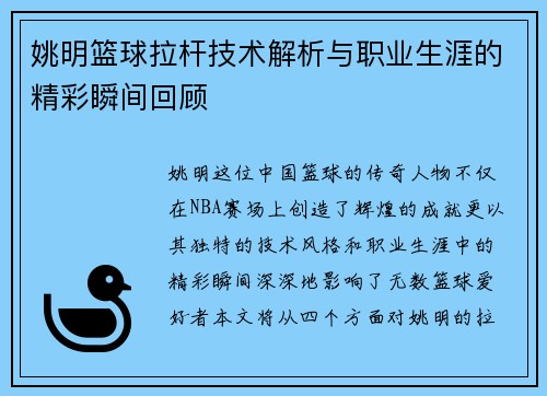姚明篮球拉杆技术解析与职业生涯的精彩瞬间回顾