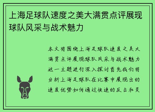 上海足球队速度之美大满贯点评展现球队风采与战术魅力