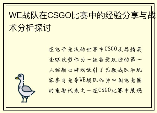 WE战队在CSGO比赛中的经验分享与战术分析探讨